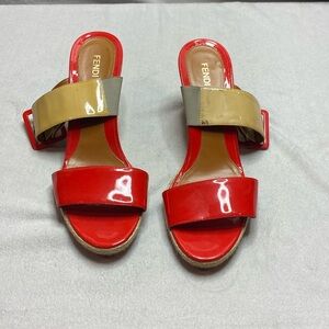 Fendi Red and Tan Patent Leather Strappy wedged sandals size 40 1/2